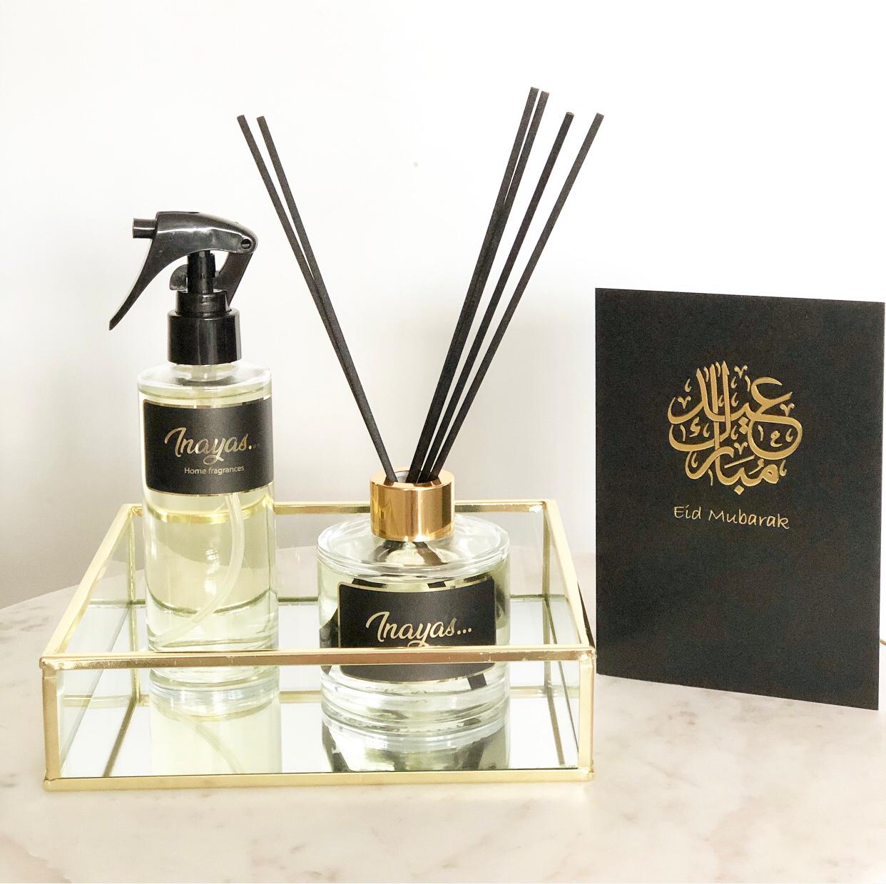 Luxe Eid cadeauset - 150ml Roomspray, Geurstokjes met gouden glazen bak